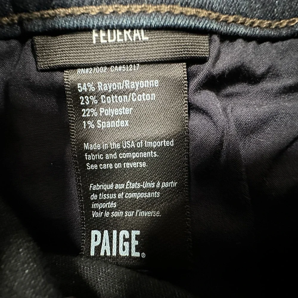 Paige Federal Slim Straight Jeans Mens 33x34 Cellar Indigo Stretch Made in USA